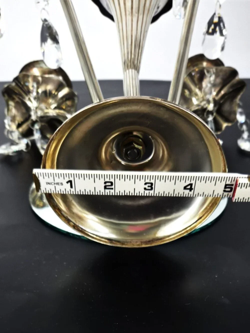70s Silverplate Epergne 4 Arm Candelabra Trumpet Vase Crystals Japan Silversmith